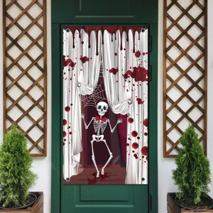 Banniere de Couverture de Porte d'Halloween Effrayant Squelette Citrouille Tissu Suspendu Tapisserie pour Exterieur Cour Fete Decoration Murale Festive