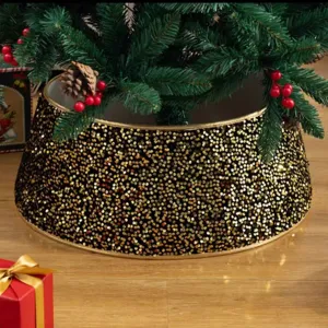 Collare per albero di Natale con paillettes nere e oro base copri supporto festivo.