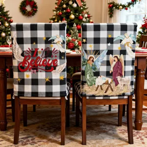 Christmas buffalo plaid chair covers set with angel and nativity prints for holiday dining room decor