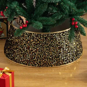 Jupe de sapin de Noel en sequins noirs et dores decoration de fete de vacances tapis de base