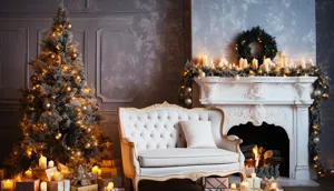 Cozy Christmas living room scene detail featuring a decorated tree and elegant fireplace setup.