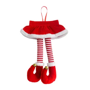 Ornement de suspension jambes de lutin de Noël rayé rouge et blanc décoration auto.