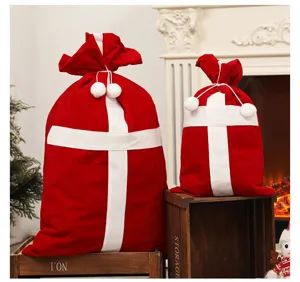 Christmas gift bags red velvet Santa present storage bags with drawstring and pom-poms set.