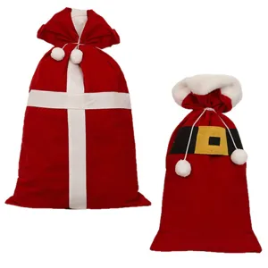 Christmas velvet gift bags with drawstring, red Santa candy bags for holiday party decor.