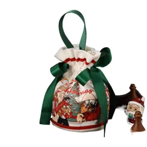 Christmas gift bag drawstring candy pouch with green ribbon festive holiday packaging storage bag