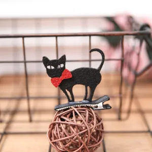 Pince à cheveux chat noir 3D pour enfants d'Halloween avec nœud pailleté rouge, accessoire de fête.