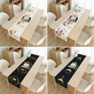 Retro Ramadan Tischläufer Plüsch Bedruckte Tischdecke Für Küche Esszimmer Party Home Dekoration Mond Stern Moschee Eid Mubarak Dekor