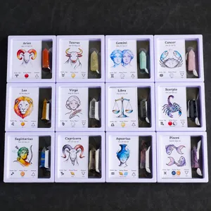 Natural crystal 12 zodiac signs pointed pillars desktop ornament gift set white box