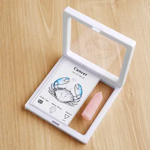 Natural rose quartz crystal cancer zodiac sign pillar desktop decor with floating display box.