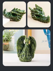 Detail view of the exquisite green jade dragon carving ornament, showing fine crystal details.