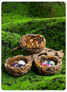 Detailed shot of resin bird nest ornament with crystal stones, perfect for home spring decor.