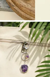Natural crystal raw stone silver-rimmed keychain, unique irregular gemstone bag pendant charm.