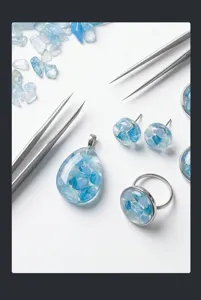 Blauer Kristall Harz Schmuck Set mit Anhänger, Ohrringen und Ring aus echten Steinen.