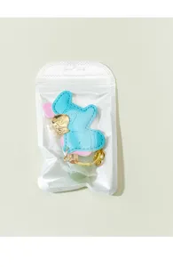 Blue leather horse bag charm keychain with gold hardware and green crystal gourd pendant.