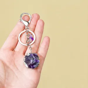 Natural Crystal Raw Stone Keychain Silver Edged Irregular Crystal Pendant Bag Charm For Women Gift