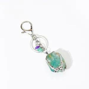 Natural rough crystal stone keychain with silver electroplated edge for bag pendant decor