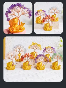 Crystal tree money tree with golden fish base feng shui fortune ornament home decor detail