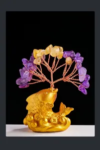 Citrine and amethyst crystal money tree featuring a golden fish base lucky ornament.
