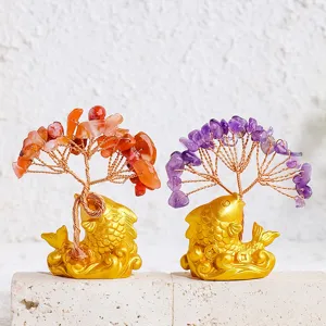 New Chinese Crystal Chips Money Tree Ornament Resin Gold Koi Fish Base Handmade Copper Wire Feng Shui Tree Desk Decor Accent Home Decor