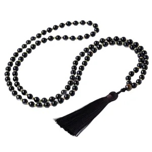 Collier de Perles Rondes en Obsidienne Naturelle Perles Mala Oeil de Tigre Gland Chaîne de Pull Bracelet Multicouches Bijoux de Méditation pour Femmes Hommes