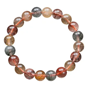 Natural multi-color rutilated quartz round bead bracelet, vibrant crystal gemstone jewelry.