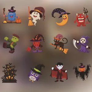 Halloween Fensteraufkleber Detailansicht mit niedlichen Geistern Vampiren und Gruselkürbissen.