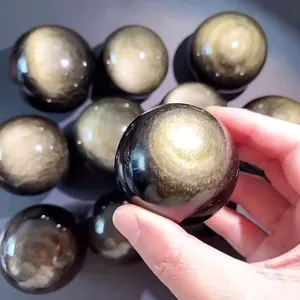 Natural Gold Sheen Obsidian Crystal Ball Feng Shui Sphere Gemstone Healing Stone Decor