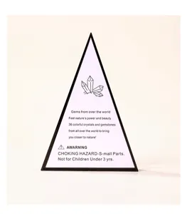 Tarjeta de detalle de embalaje de conjunto de muestras de cristal con caracteristicas.