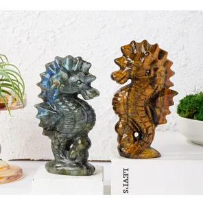 Natural crystal stone seahorse figurine ornament, exquisite handmade gemstone animal home decor.