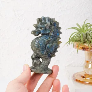 Natural Labradorite Seahorse Crystal Carving Figurine Home Decor Healing Stone Ornament