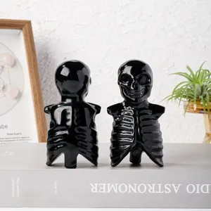 Black obsidian skull skeleton figurine crystal craft gemstone carving for Halloween desktop decor