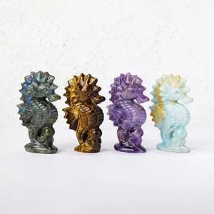 Natural crystal seahorse carving figurine, gemstone animal ornament for home desktop decor.