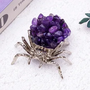 Natural Crystal Gravel Spider Ornament Metal Alloy Spider Halloween Props Desktop Decoration Amethyst Rose Quartz Agate Stone Crafts