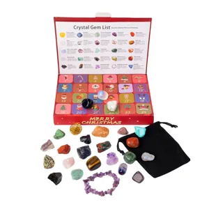 24 days crystal advent calendar blind box with raw stones, pouch, and gemstone jewelry gifts.