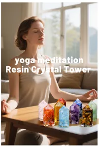 Crystal resin tower decoration for yoga meditation and energy healing, colorful hexagonal pillar.