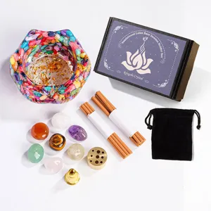 Natural crystal lotus incense holder set with healing stones, gemstone chips and meditation box.