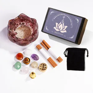 Crystal lotus bowl incense holder set with natural healing stones and brass bases.