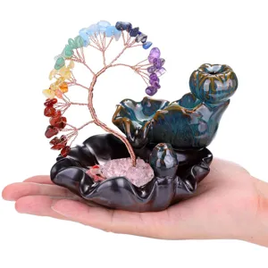 Natural Crystal Money Tree Backflow Incense Burner Healing Stone Seven Color Chips Ceramic Lotus Base Desktop Ornament