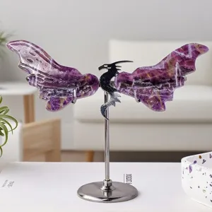 Adorno de alas de dragón de cristal natural de amatista con soporte para decoración
