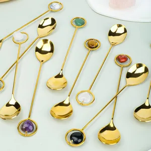 Cuchara de Aleación Chapada en Oro en Forma de Corazón de Cristal Natural Postre Helado Café Agitador Elegante Cuchara de Cristal Gema