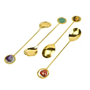 Cucharas de mango largo chapadas en oro con dijes de corazón de cristal natural, 4 uds.