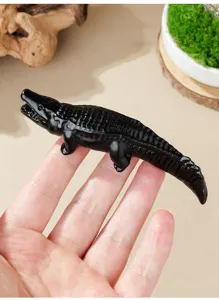 Schwarze Obsidian Krokodil Figur Detail, handgeschnitzte Tier Skulptur fur Tischdeko.