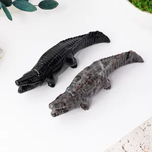 Natürlicher Kristall Obsidian und Stein geschnitzte Krokodil Figur Desktop Feng Shui Dekor