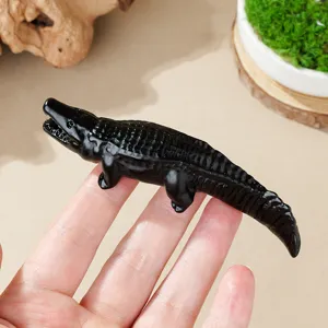 Natürlicher Kristall Obsidian Krokodil Ornament Handgeschnitzte Tierfigur Heilstein Desktop Feng Shui Dekoration Einweihungsgeschenk