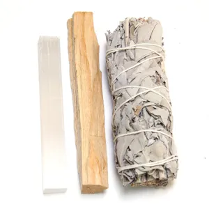 Natürliches weißes Salbei-Bündel mit Palo Santo-Stab und Selenit-Kristallstab-Set