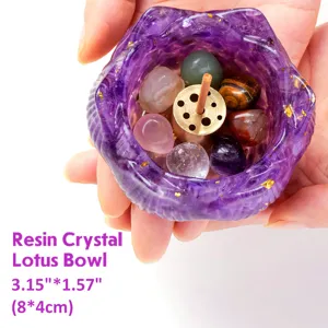 Natural Amethyst Crystal Lotus Bowl Incense Burner Set For Meditation Yoga Healing Stones Resin Lotus Base Incense Holder With Sandalwood Sticks Velvet Bag Home Decor Gift