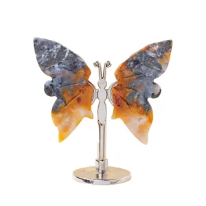 Adorno de mariposa tallado en piedra de cristal natural con soporte de metal escritorio