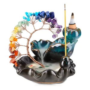 7 Chakra Crystal Money Tree Backflow Incense Burner Ceramic Desktop Meditation Decor