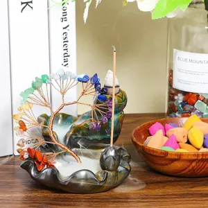 Handmade Crystal Fortune Tree Of Life Backflow Incense Burner Ceramic Lotus Base Gemstone Chips Zen Home Office Decor