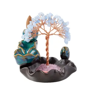 Crystal money tree backflow incense burner with lotus ceramic base for home decor meditation.